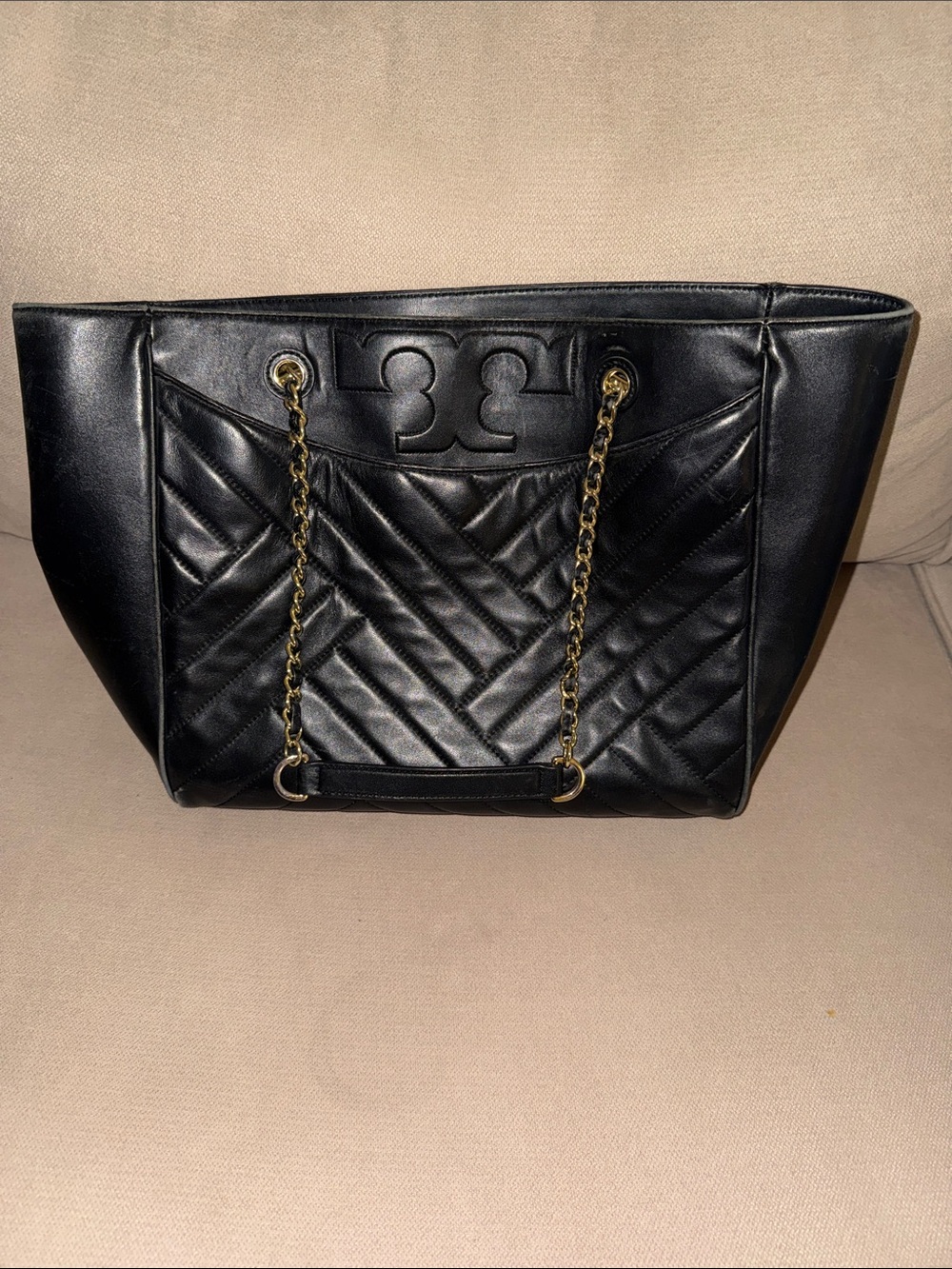 Tory Burch Black Quilted Leather Tote with Gold Chain Straps